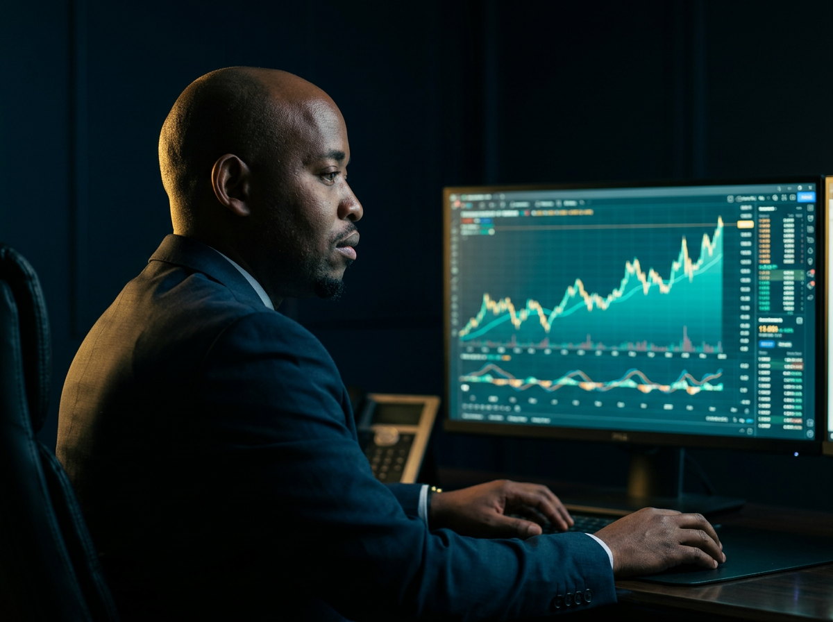Julius Ndahiro, NEXACC fractional CFO, reviewing a cash-flow forecast chart on a large display at night
