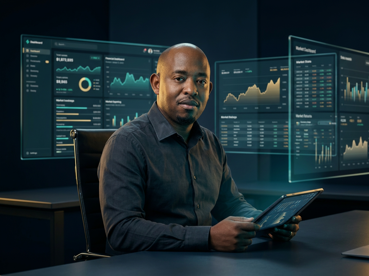 Julius Ndahiro, NEXACC founder, reviewing three-statement financial projections on a tablet beside glowing teal and gold dashboards