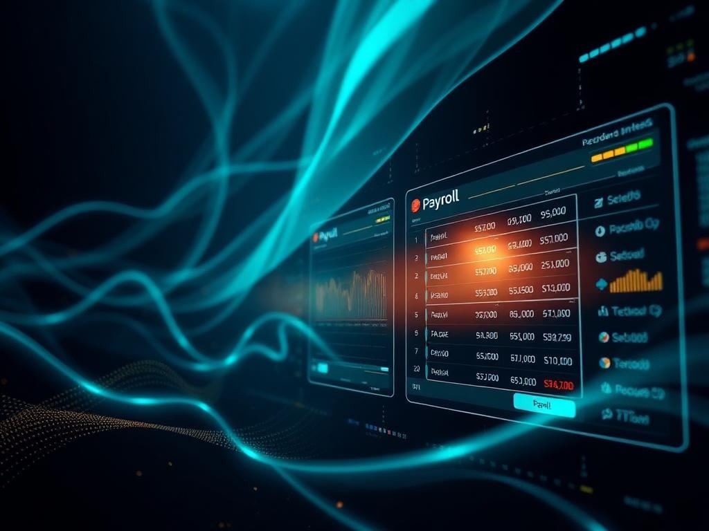 Abstract payroll data streams glowing in teal and gold
